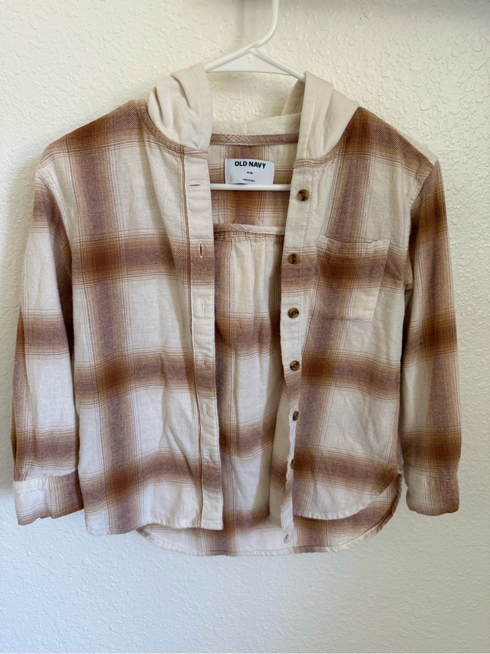 Old Navy Beige and Brown Plaid Hooded Button-Down Shirt